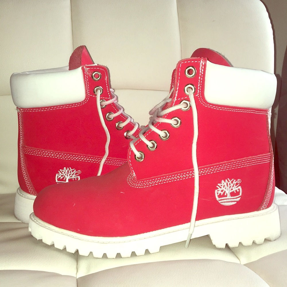 Red and white Timberland Boots